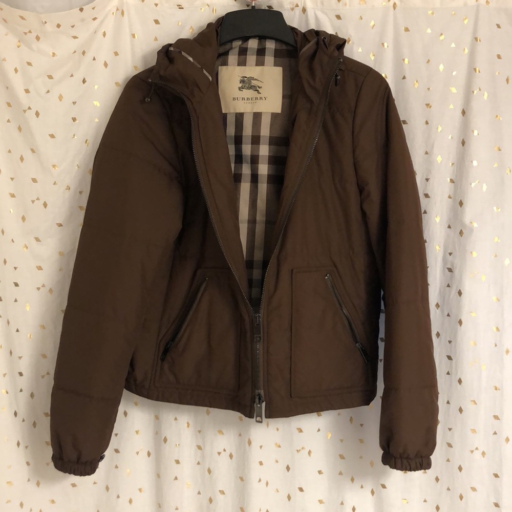 NWOT BURBERRY brown puffer shimmer lining pockets winter coat jacket trendy hood